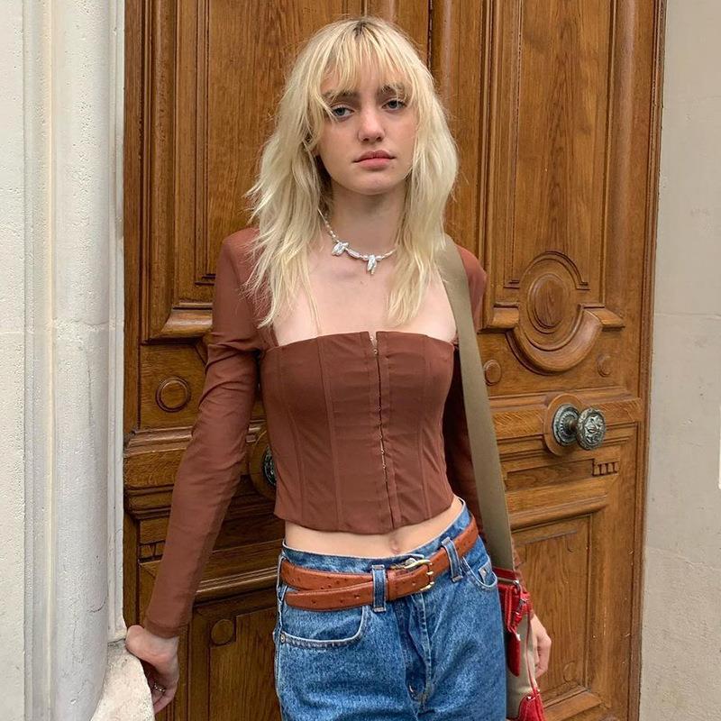 Damen Cropped Oberteil mit transparenten Ärmeln und strukturiertem Schnitt EB