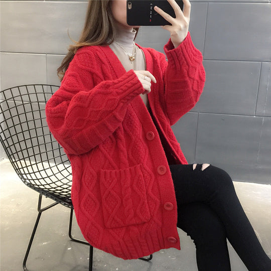 Damen Wabenstrick Oversized Cardigan mit Taschen und Knopfdetail EB