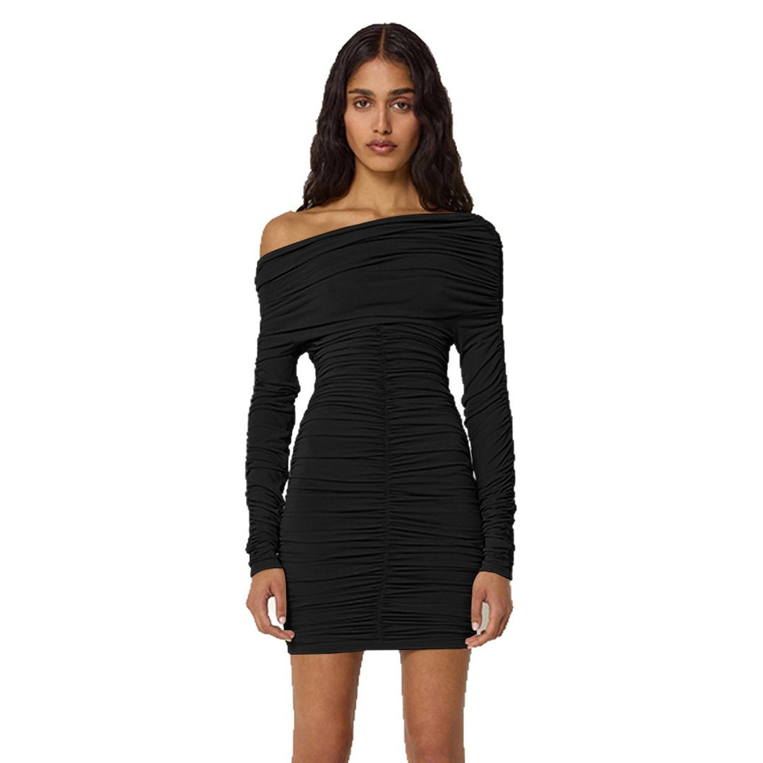 Damen Figurbetontes Off-Shoulder Kleid mit Raffung und langen Ärmeln EB