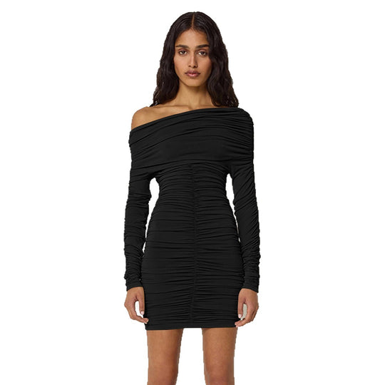 Damen Figurbetontes Off-Shoulder Kleid mit Raffung und langen Ärmeln EB