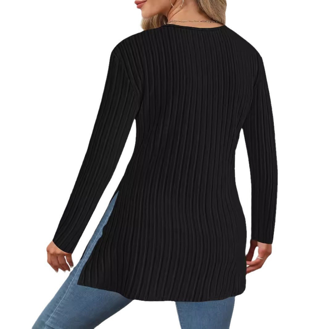 Damen Strickpullover mit modernem Wickel-Design und Seitenschlitzen EB