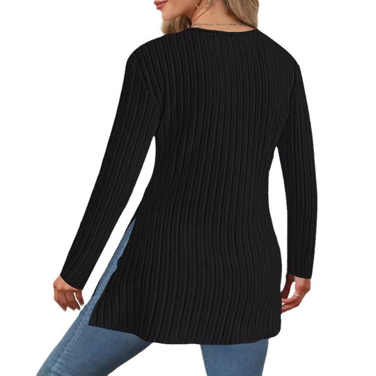Damen Strickpullover mit modernem Wickel-Design und Seitenschlitzen EB