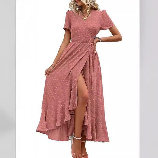 Damen Wickelmaxikleid mit eleganter Raffung und asymmetrischem Saum EB