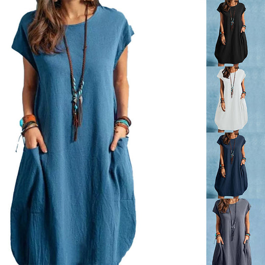 Damen lässiges Freizeitkleid mit seitlichen Taschen und Rundhalsausschnitt EB