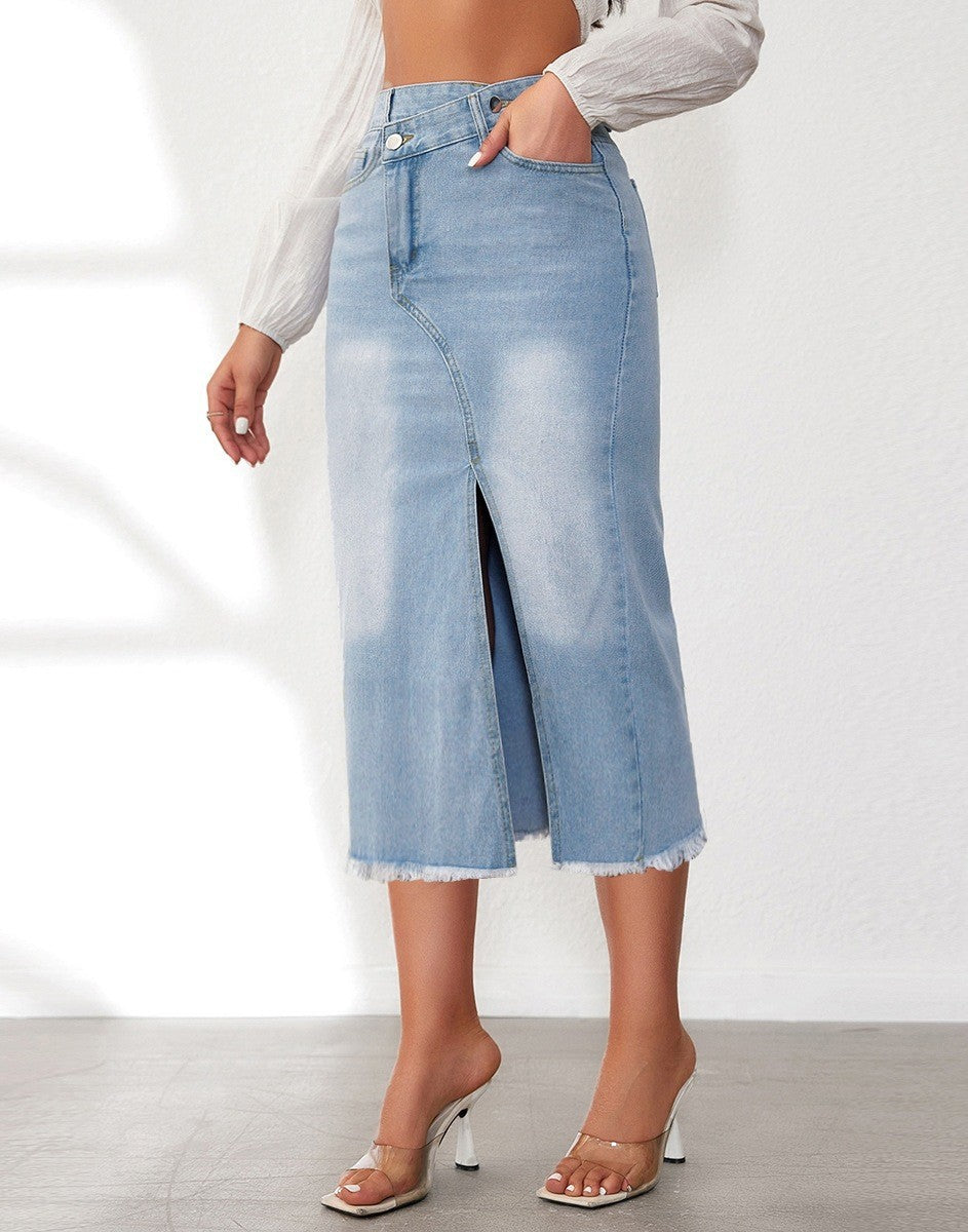 Damen Denim-Midi-Rock mit hohem Schlitz und ausgefranstem Saum EB
