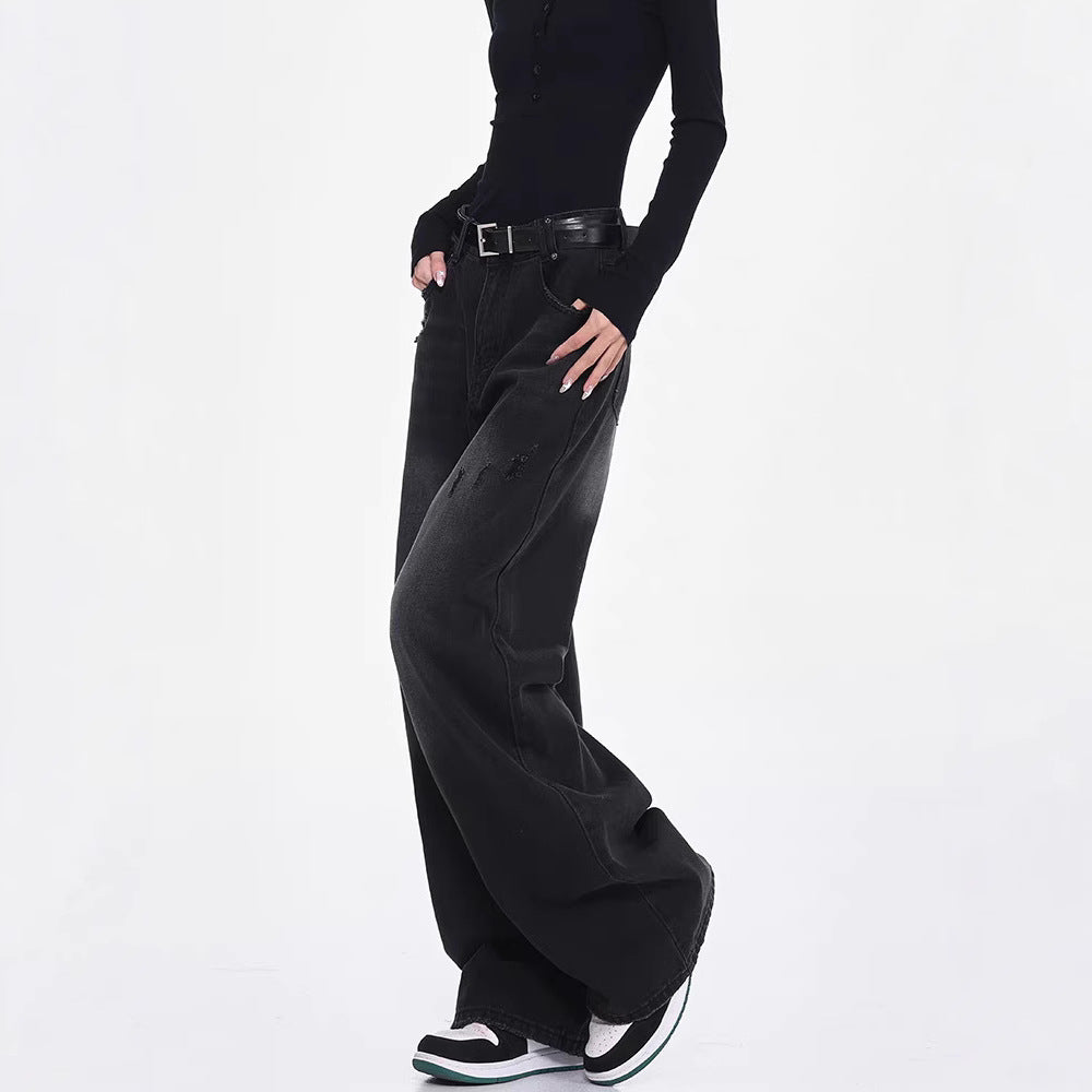 Damen Weite Denim-Hose mit hohem Bund und modischen Rissdetails EB
