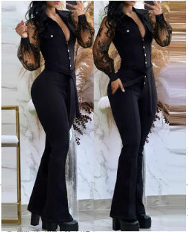 Damen Eleganter Jumpsuit mit transparenten Ärmeln und tailliertem Schnitt EB