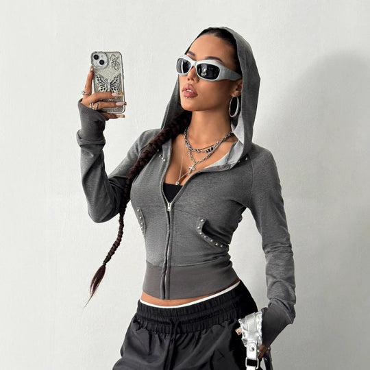 Damen modische Zip-Hoodie mit Silberschmuck-Details EB