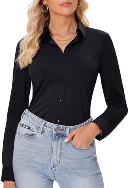 Damen Klassische Viskose-Stretch Hemdbluse mit Kentkragen und Manschetten EB