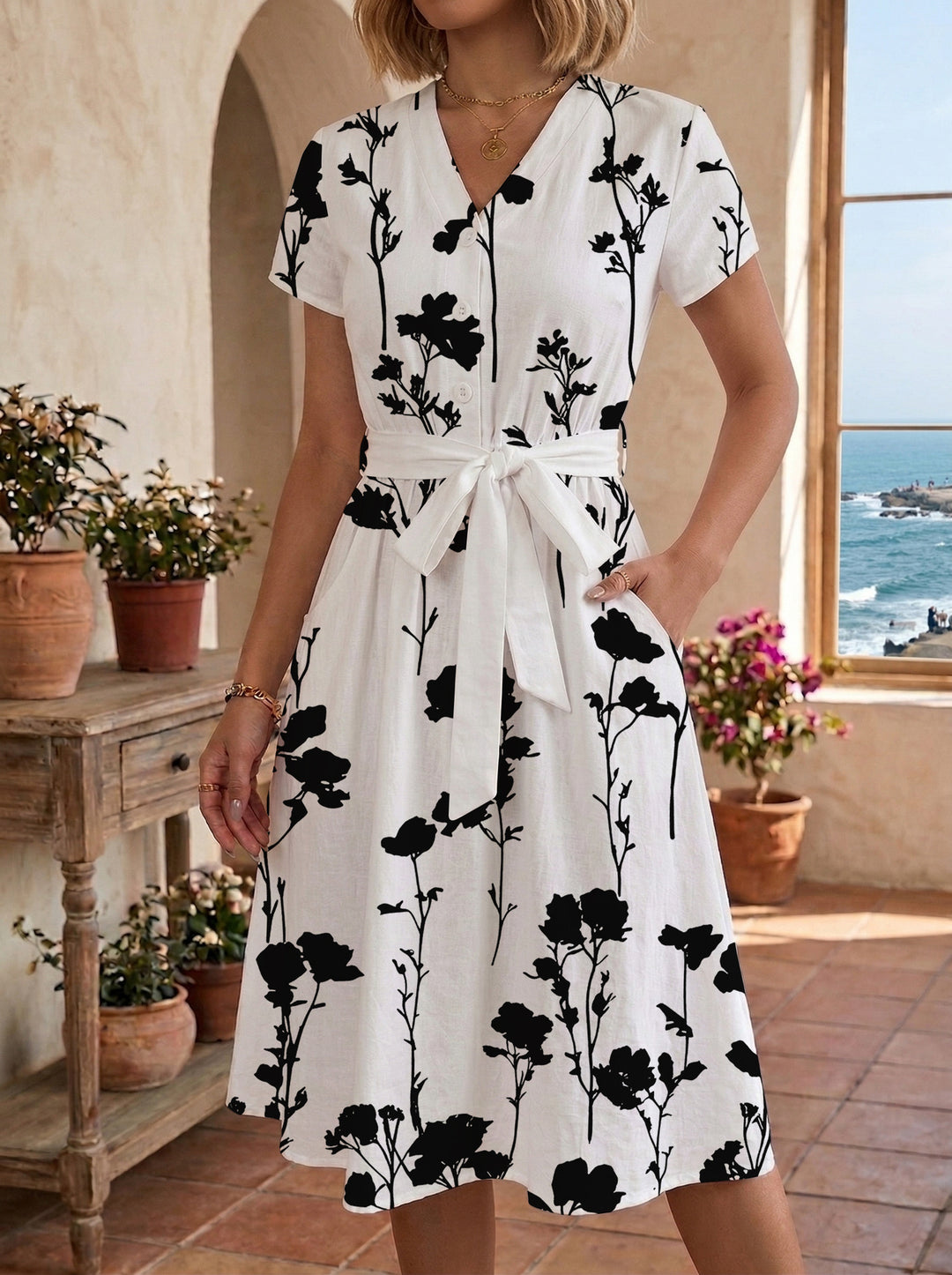 Damen Blühendes Midikleid mit taillierbarem Gürtel und kunstvollem Print EB
