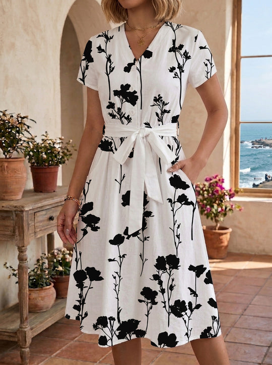 Damen Blühendes Midikleid mit taillierbarem Gürtel und kunstvollem Print EB