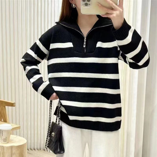 Damen Gestreifter Halb-Reißverschluss Strickpullover mit Rippenkragen EB