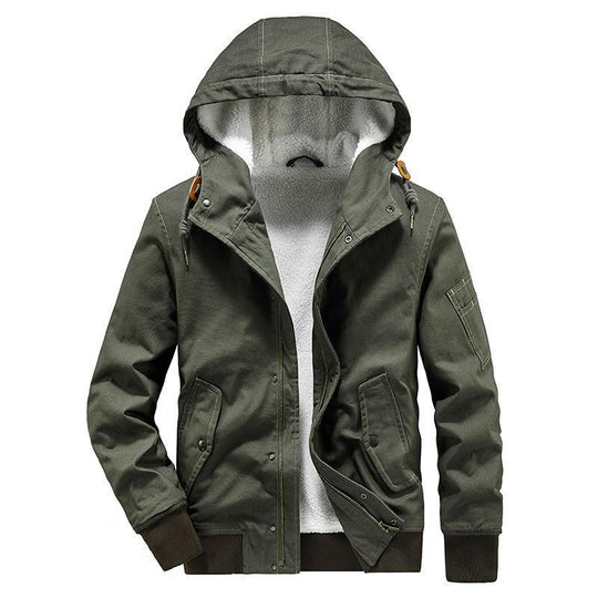 Herren Canvas-Kapuzenjacke mit Sherpa-Innenfutter, Utility-Taschen und Rippbündchen EB