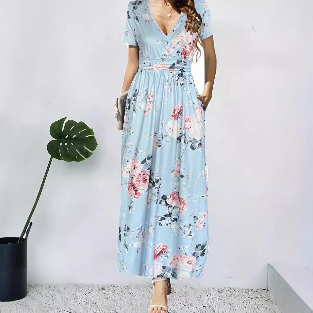 Damen Maxikleid mit tiefem V-Ausschnitt und floralem Design EB