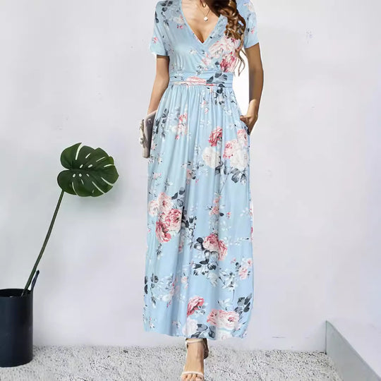 Damen Maxikleid mit tiefem V-Ausschnitt und floralem Design EB