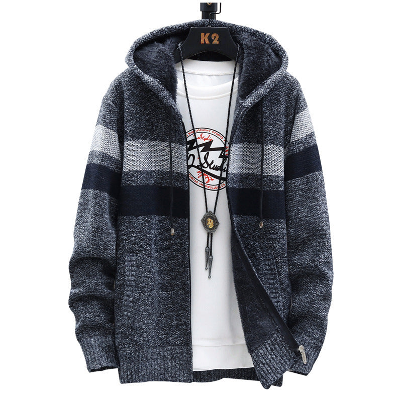 Herren modische Strickjacke mit Kapuze und gestreiftem Design EB