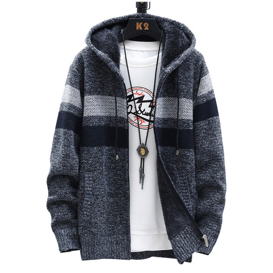 Herren modische Strickjacke mit Kapuze und gestreiftem Design EB