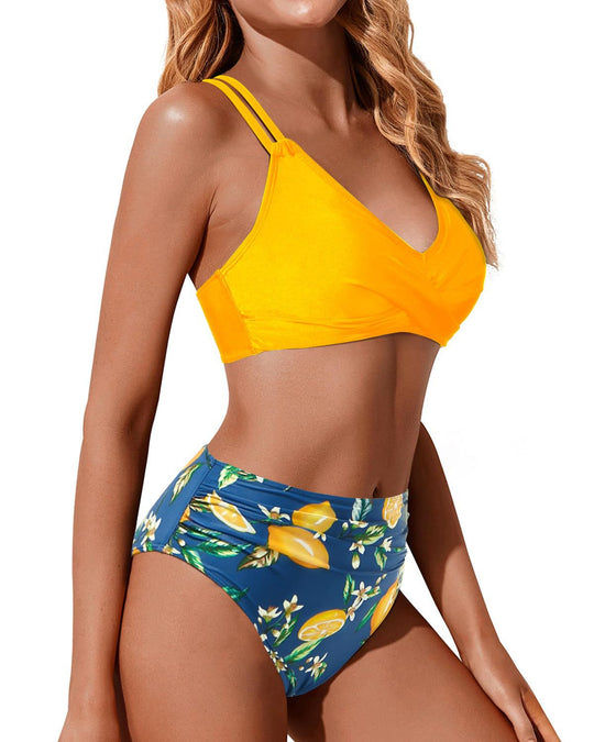 Damen Hochtailliertes Bikini-Set mit gerafftem Oberteil EB