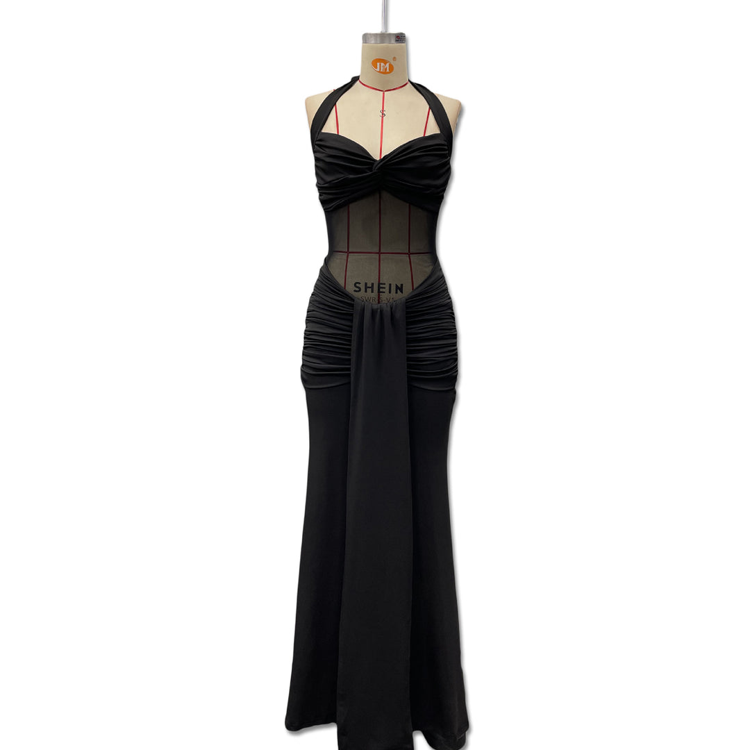 Damen Elegantes Maxikleid mit Tiefem Rückenausschnitt und Raffinierten Falten EB