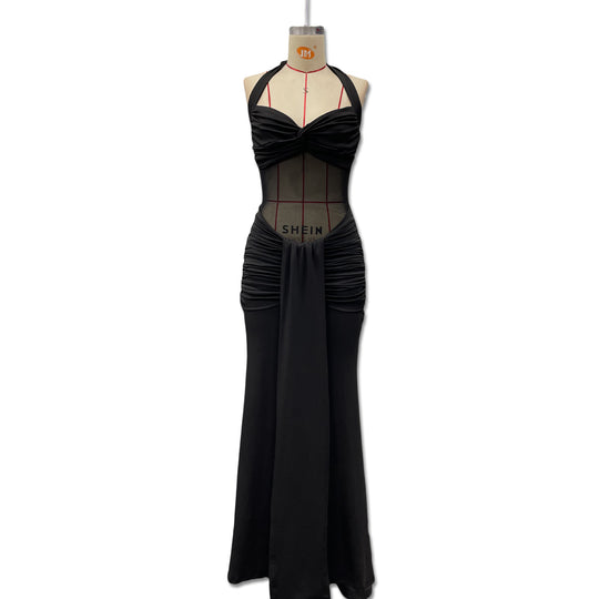 Damen Elegantes Maxikleid mit Tiefem Rückenausschnitt und Raffinierten Falten EB