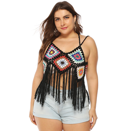 Damen gehäkeltes Crop-Top mit buntem Fransen-Design EB