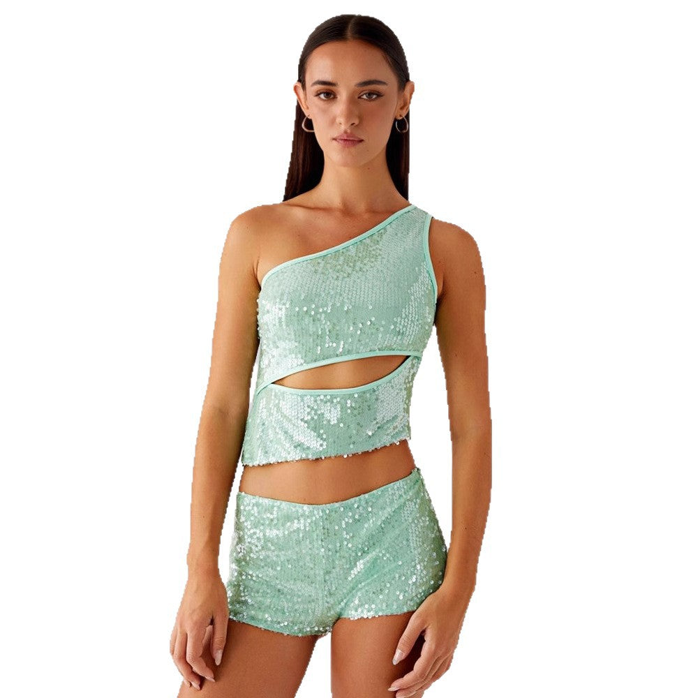 Damen Glitzernder Top und Shorts Set EB