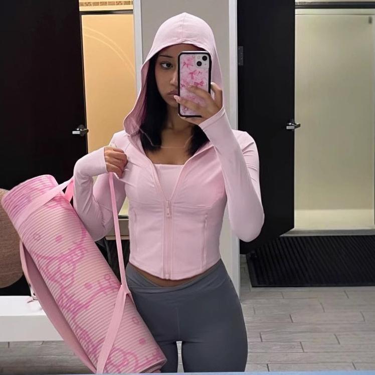 Damen nan kurzes Ripp-Kapuzenhoodie mit halbem Reißverschluss, langen Ärmeln und Daumenloch EB