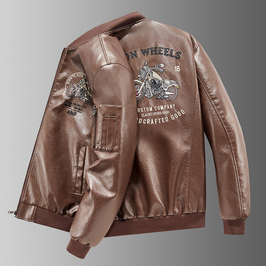 Men's  motorcycle graphic faux-leather varsity bomber with embroidered back panel and sleeve utility pocket EB