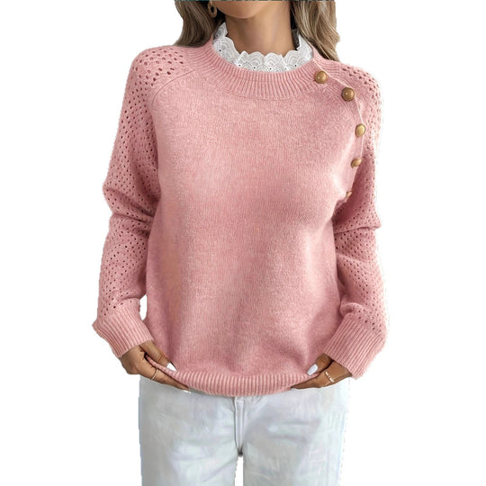 Damen Strickpullover mit dekorativen Knopfdetails und Lochmuster EB
