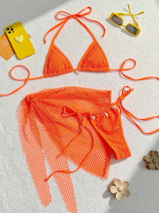Damen Triangel-Bikini mit transparentem Netzgewebe und Schnürdetails EB