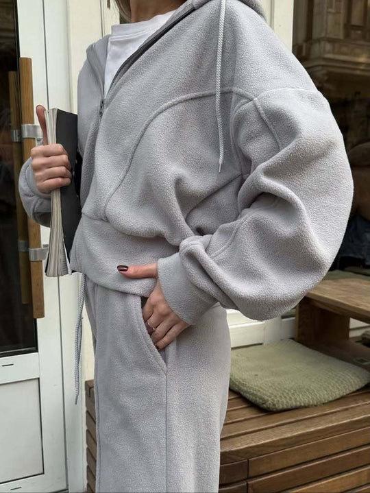 Damen Fleece-Lounge-Set mit kurzem Reißverschluss-Hoodie und taillenhoher Kordel-Jogginghose EB