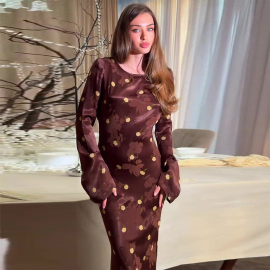 Damen Maxikleid mit elegantem Blumendruck und voluminösen Ärmeln EB