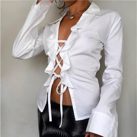 Damen Bluse mit voluminösem Rüschendesign und taillierbarem Schnitt EB
