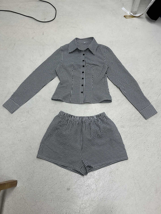 Damen nan zweiteiliges Vichy-Set aus taillierter Blusenjacke mit Wiener Nähten und Highwaist-Shorts EB