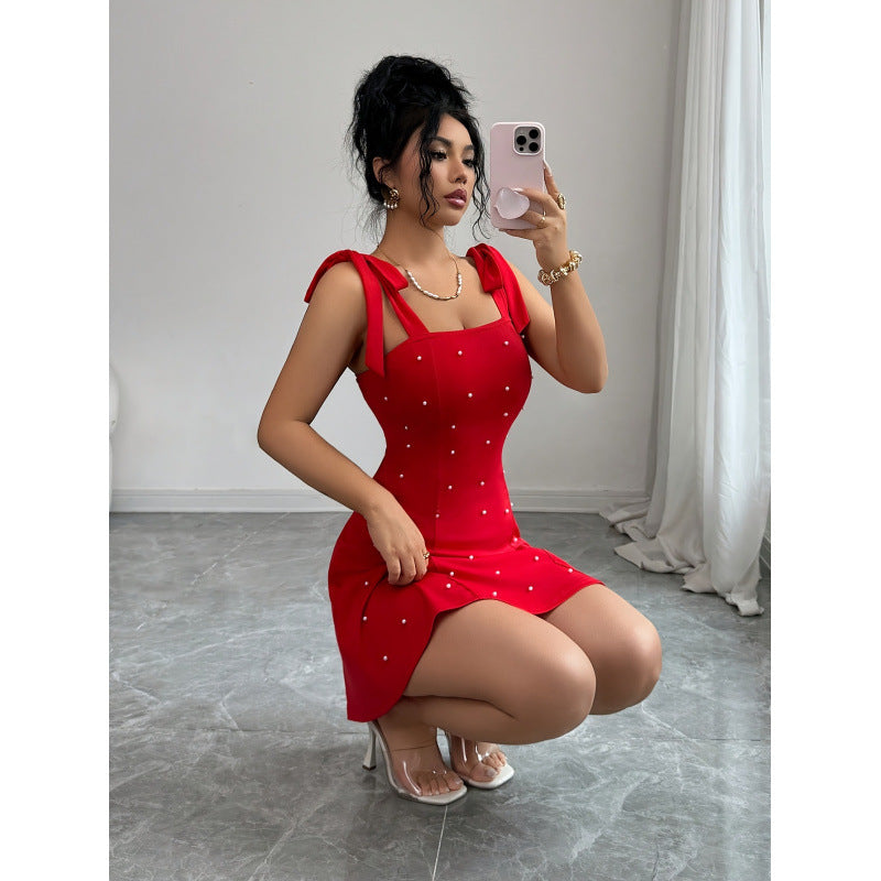 Damen Minikleid mit dekorativen Trägern und glamourösen Perlendetails EB