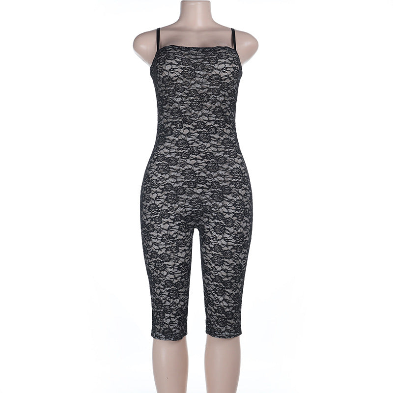 Damen Spitze Jumpsuit mit figurbetontem Schnitt und verstellbaren Trägern EB
