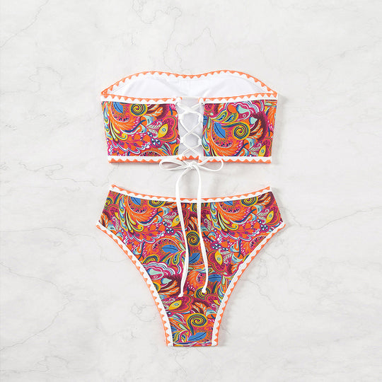 Damen Bandeau-Bikini mit buntem Psychedelic-Design und eleganten Rüschen EB