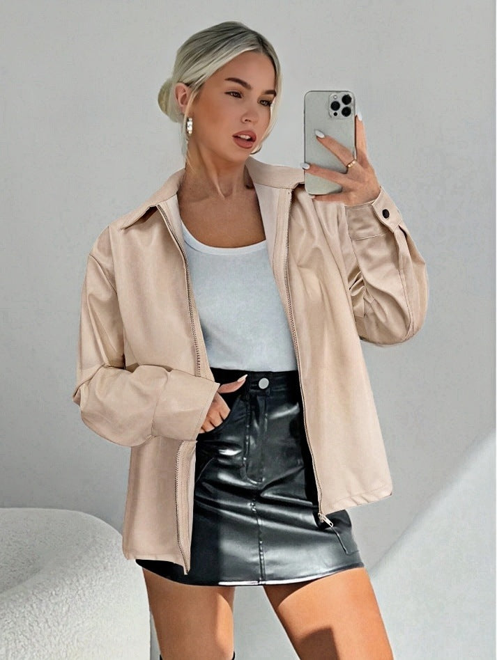 Damen leichtgewichtige Kunstlederjacke mit modernem Reißverschluss EB