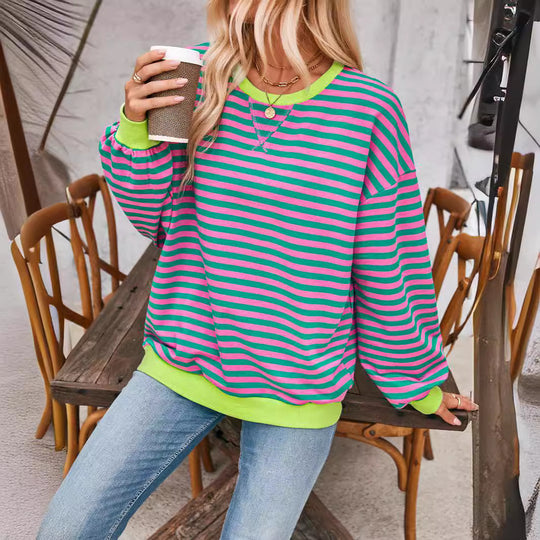 Damen lässiger Oversized Sweatshirt mit bunten Streifen und Kapuzenkordel EB