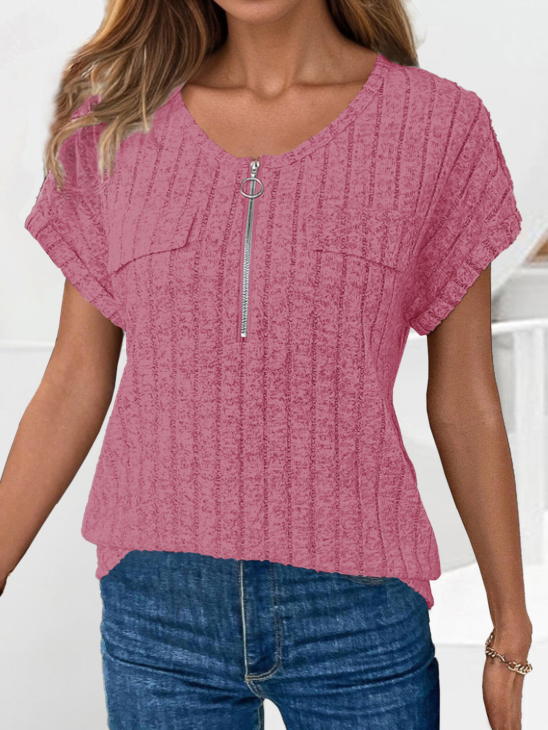 Frauen Rippentaschen Zip-Up Top EB