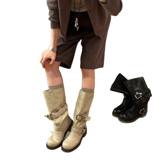 Damen modische Stiefel mit verstellbaren Riemen und komfortablem Blockabsatz EB