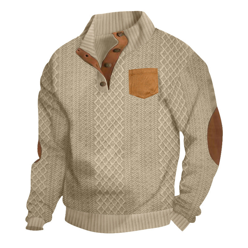 Herren Strukturiertes Kabelstrick-Sweatshirt mit Halbknopfblende, Kunstleder‑Patchtasche & Ellbogenpatches EB