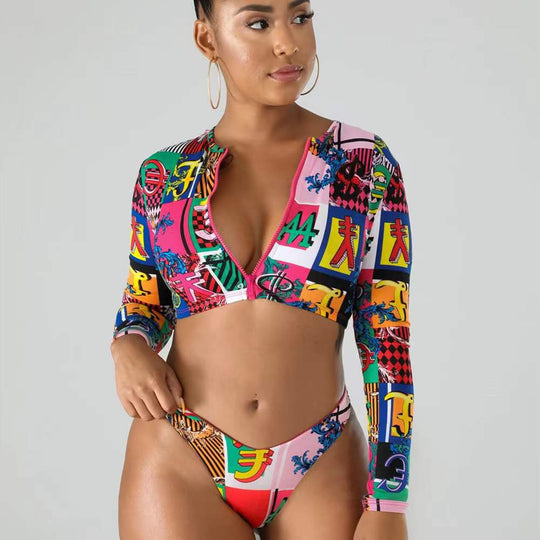 Damen Surf-Bikini-Set mit langärmeligem Oberteil und modischem Reißverschluss EB