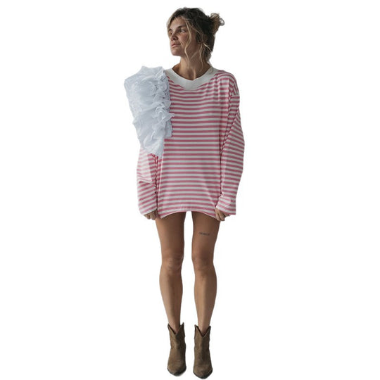 Damen Oversize Streifenpullover mit Rüschendetails EB