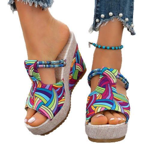 Damen modische Wedge-Sandalen mit buntem Mustermix und bequemer Sohle EB