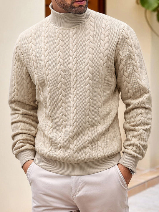 Herren nan grobgestrickter Zopfstrickpullover mit halbem Stehkragen und elastischen Rippbündchen EB