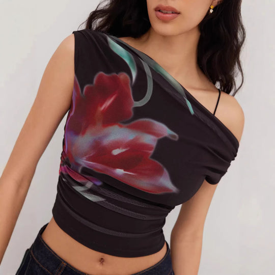 Damen Off-Shoulder Top mit floralem Design und Raffung EB