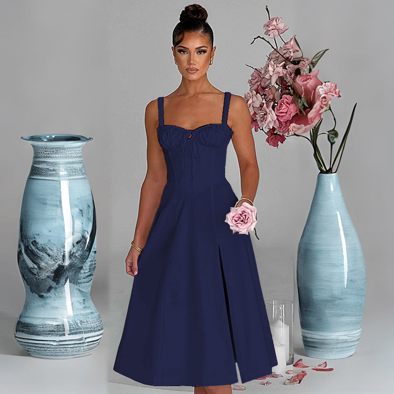 Damen raffinierte Midi-Robe mit tiefem Schlitz und Rüschendetails EB