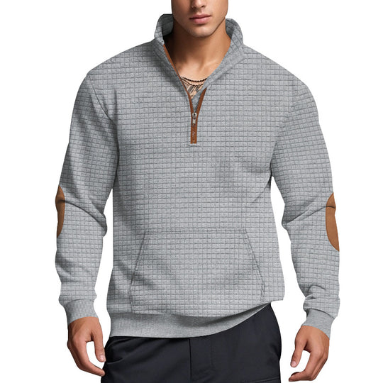 Herren nan gesteppter Halbzip Pullover mit Reißverschlusskragen und Kunstleder-Ellbogenpatches EB