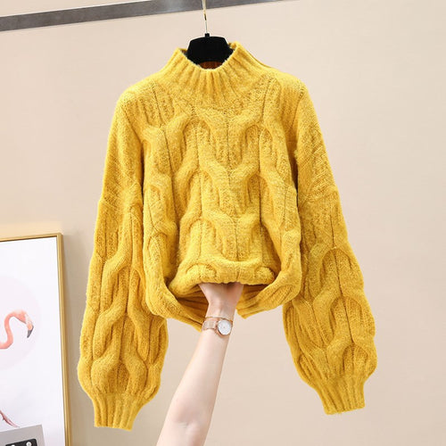 Damen kuscheliger Strickpullover mit voluminösen Ärmeln und Zopfmuster EB